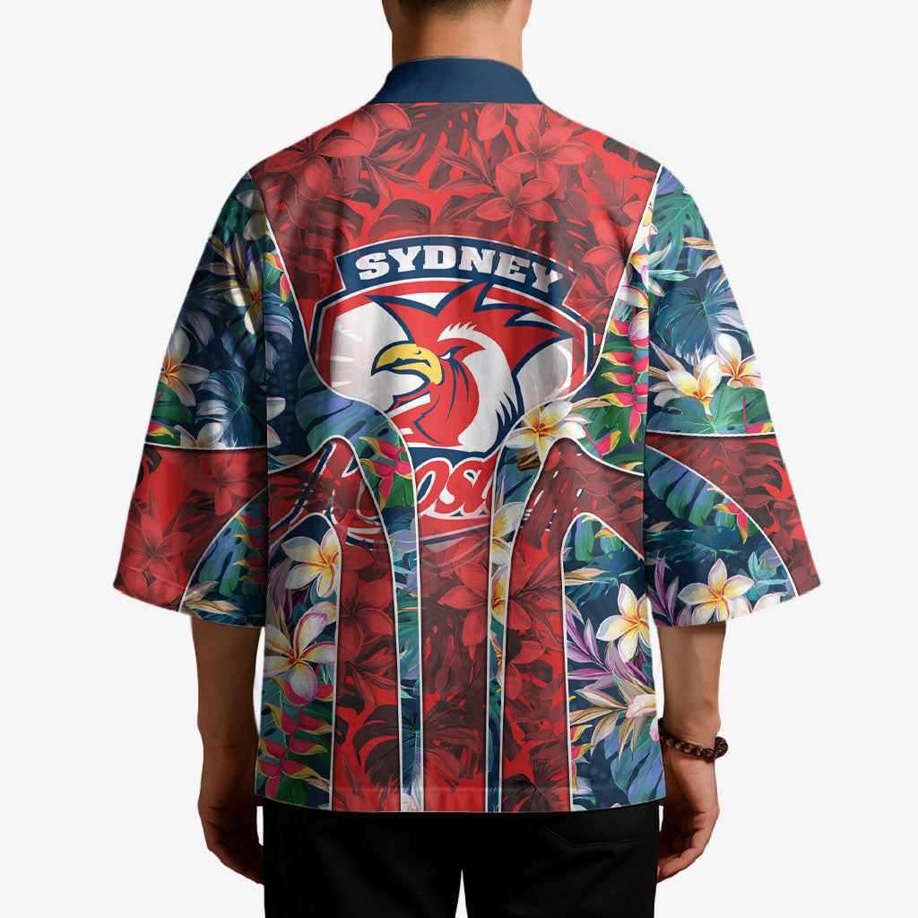 Sydney Roosters Kimono Tropical Hibiscus Floral Pattern With Red And Blue Accents