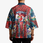 Sydney Roosters Kimono Tropical Hibiscus Floral Pattern With Red And Blue Accents