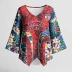 Sydney Roosters Kimono Sleeve Blouse Tropical Hibiscus Floral Pattern With Red And Blue Accents