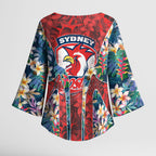 Sydney Roosters Kimono Sleeve Blouse Tropical Hibiscus Floral Pattern With Red And Blue Accents