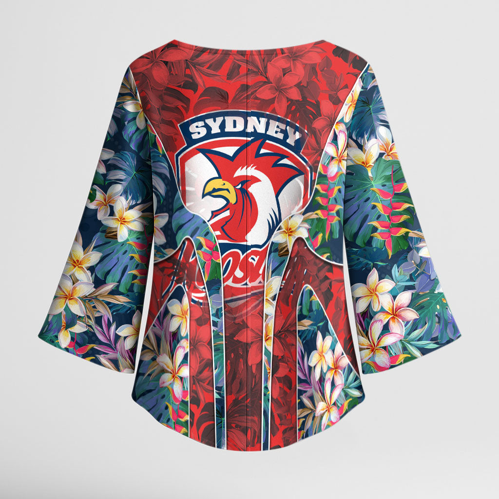 Sydney Roosters Kimono Sleeve Blouse Tropical Hibiscus Floral Pattern With Red And Blue Accents