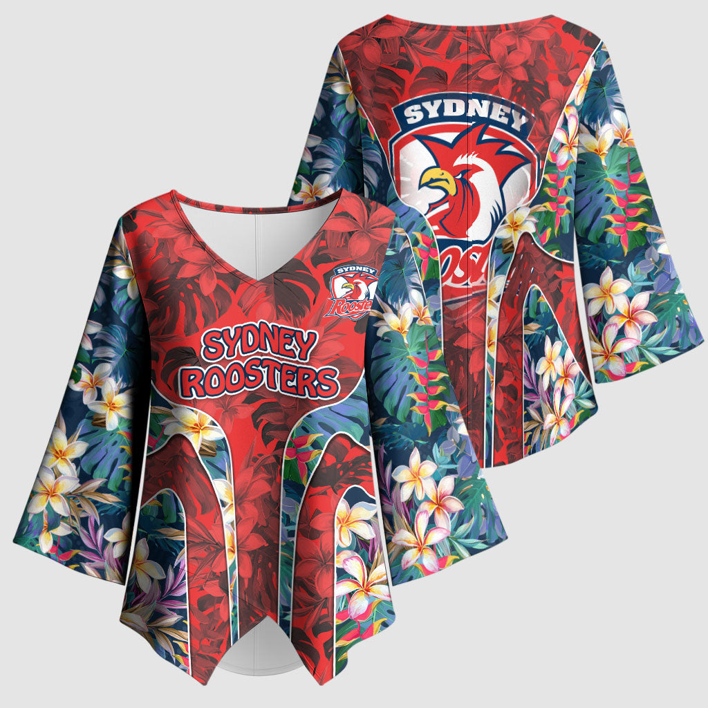 Sydney Roosters Kimono Sleeve Blouse Tropical Hibiscus Floral Pattern With Red And Blue Accents