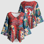 Sydney Roosters Kimono Sleeve Blouse Tropical Hibiscus Floral Pattern With Red And Blue Accents