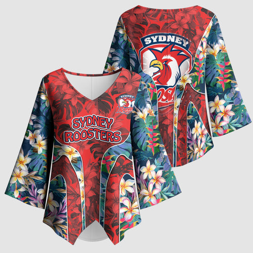 Sydney Roosters Kimono Sleeve Blouse Tropical Hibiscus Floral Pattern With Red And Blue Accents