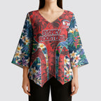 Sydney Roosters Kimono Sleeve Blouse Tropical Hibiscus Floral Pattern With Red And Blue Accents
