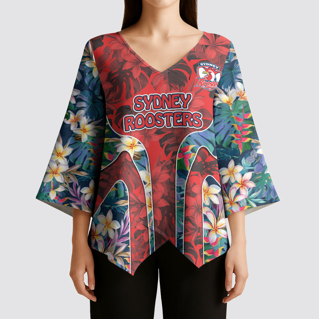 Sydney Roosters Kimono Sleeve Blouse Tropical Hibiscus Floral Pattern With Red And Blue Accents