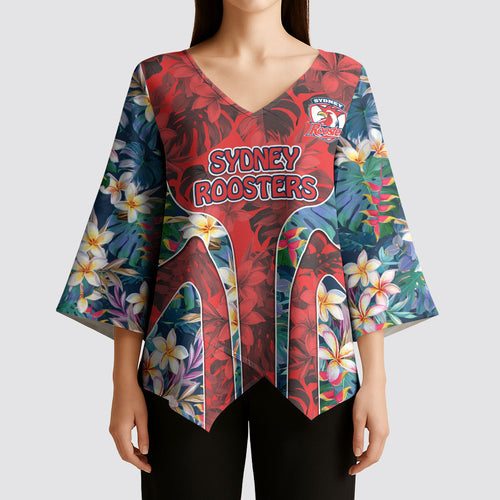 Sydney Roosters Kimono Sleeve Blouse Tropical Hibiscus Floral Pattern With Red And Blue Accents