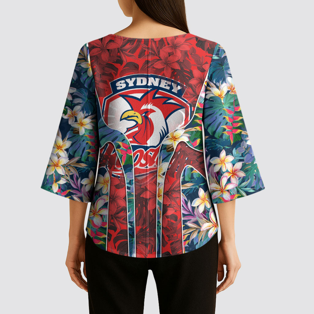 Sydney Roosters Kimono Sleeve Blouse Tropical Hibiscus Floral Pattern With Red And Blue Accents