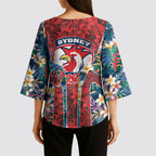 Sydney Roosters Kimono Sleeve Blouse Tropical Hibiscus Floral Pattern With Red And Blue Accents