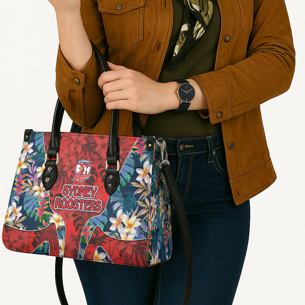 Sydney Roosters Leather Bag Tropical Hibiscus Floral Pattern With Red And Blue Accents