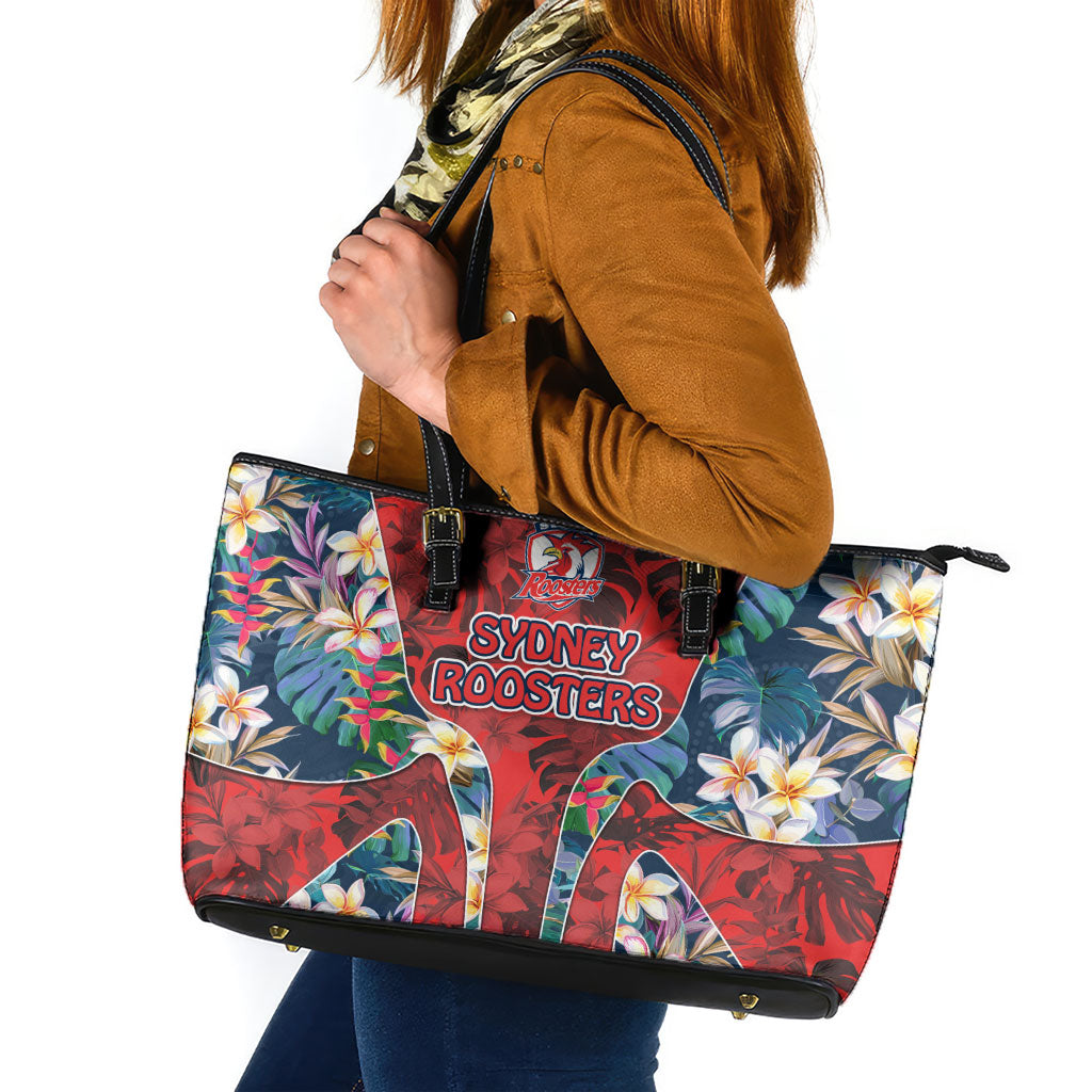 Sydney Roosters Leather Tote Bag Tropical Hibiscus Floral Pattern With Red And Blue Accents