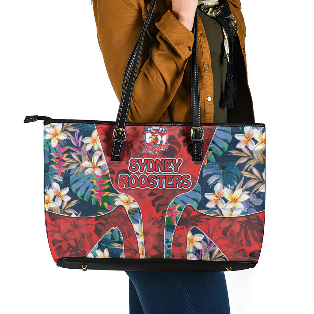 Sydney Roosters Leather Tote Bag Tropical Hibiscus Floral Pattern With Red And Blue Accents