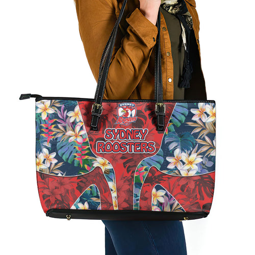 Sydney Roosters Leather Tote Bag Tropical Hibiscus Floral Pattern With Red And Blue Accents