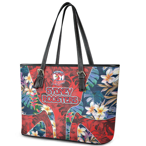 Sydney Roosters Leather Tote Bag Tropical Hibiscus Floral Pattern With Red And Blue Accents