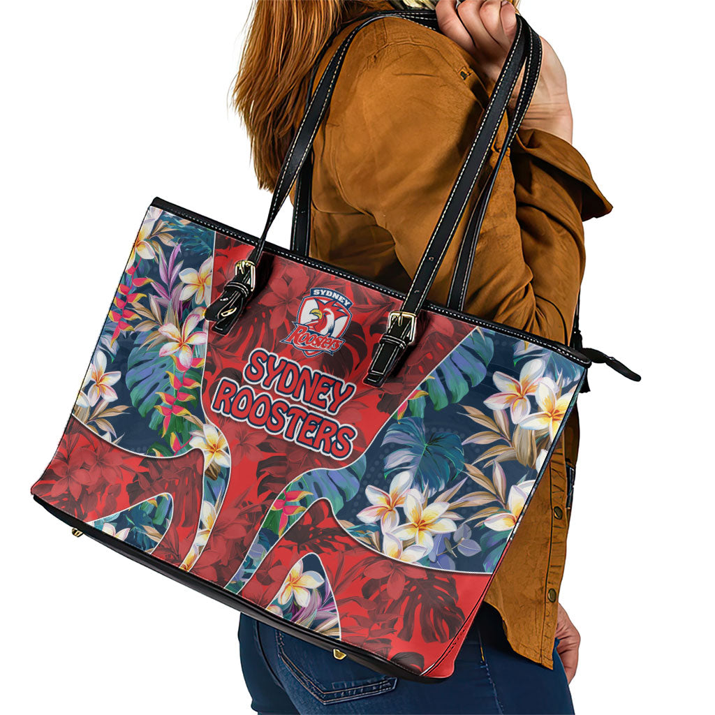 Sydney Roosters Leather Tote Bag Tropical Hibiscus Floral Pattern With Red And Blue Accents