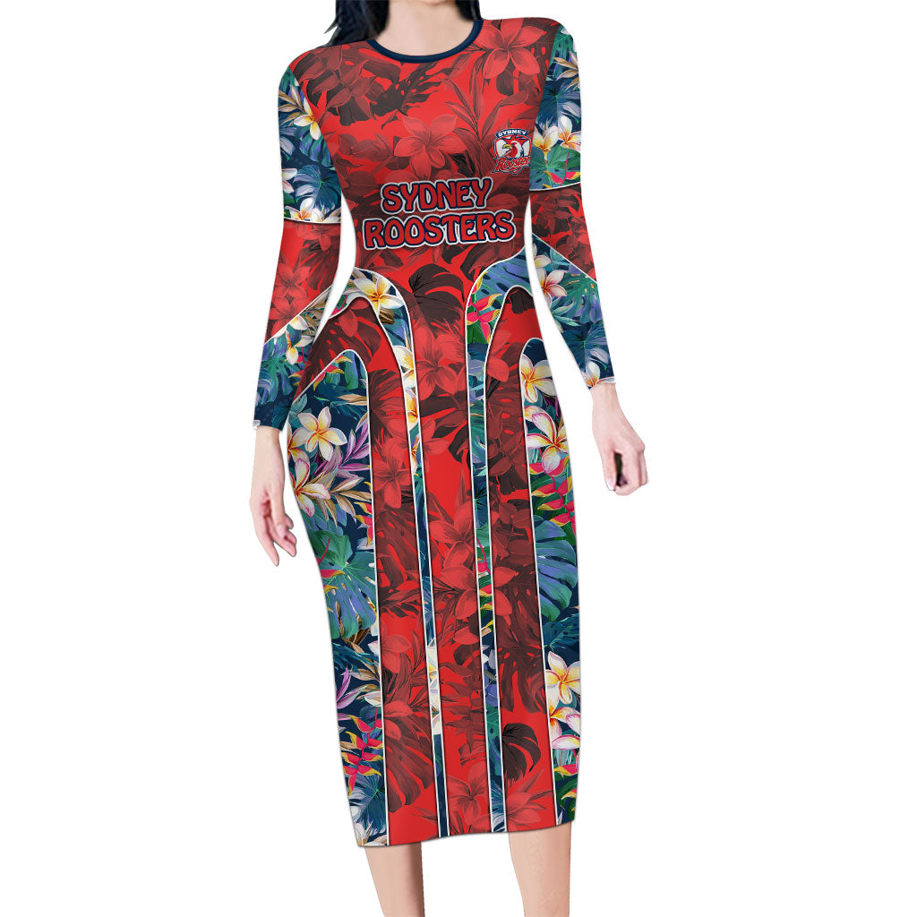 Sydney Roosters Long Sleeve Bodycon Dress Tropical Hibiscus Floral Pattern With Red And Blue Accents