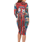 Sydney Roosters Long Sleeve Bodycon Dress Tropical Hibiscus Floral Pattern With Red And Blue Accents