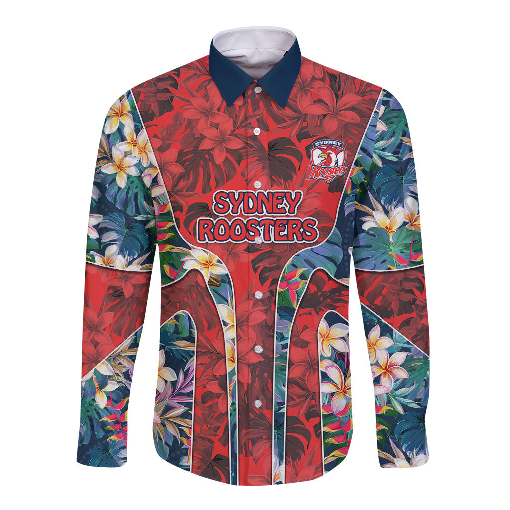 Sydney Roosters Long Sleeve Button Shirt Tropical Hibiscus Floral Pattern With Red And Blue Accents