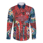 Sydney Roosters Long Sleeve Button Shirt Tropical Hibiscus Floral Pattern With Red And Blue Accents