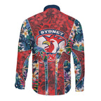 Sydney Roosters Long Sleeve Button Shirt Tropical Hibiscus Floral Pattern With Red And Blue Accents