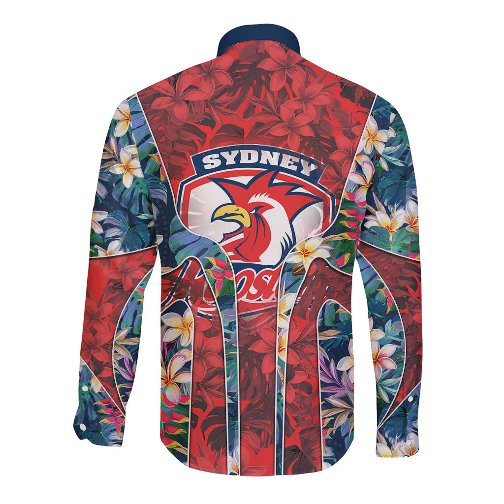 Sydney Roosters Long Sleeve Button Shirt Tropical Hibiscus Floral Pattern With Red And Blue Accents