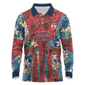 Sydney Roosters Long Sleeve Polo Shirt Tropical Hibiscus Floral Pattern With Red And Blue Accents