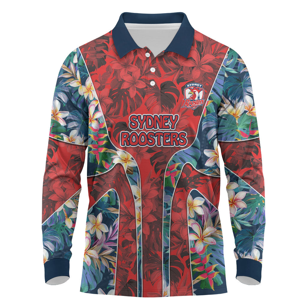 Sydney Roosters Long Sleeve Polo Shirt Tropical Hibiscus Floral Pattern With Red And Blue Accents