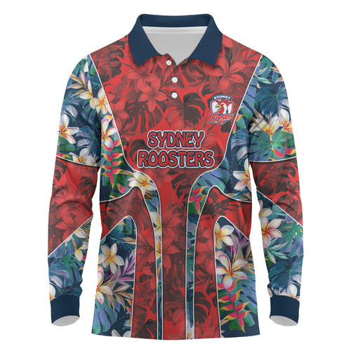 Sydney Roosters Long Sleeve Polo Shirt Tropical Hibiscus Floral Pattern With Red And Blue Accents