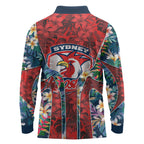 Sydney Roosters Long Sleeve Polo Shirt Tropical Hibiscus Floral Pattern With Red And Blue Accents