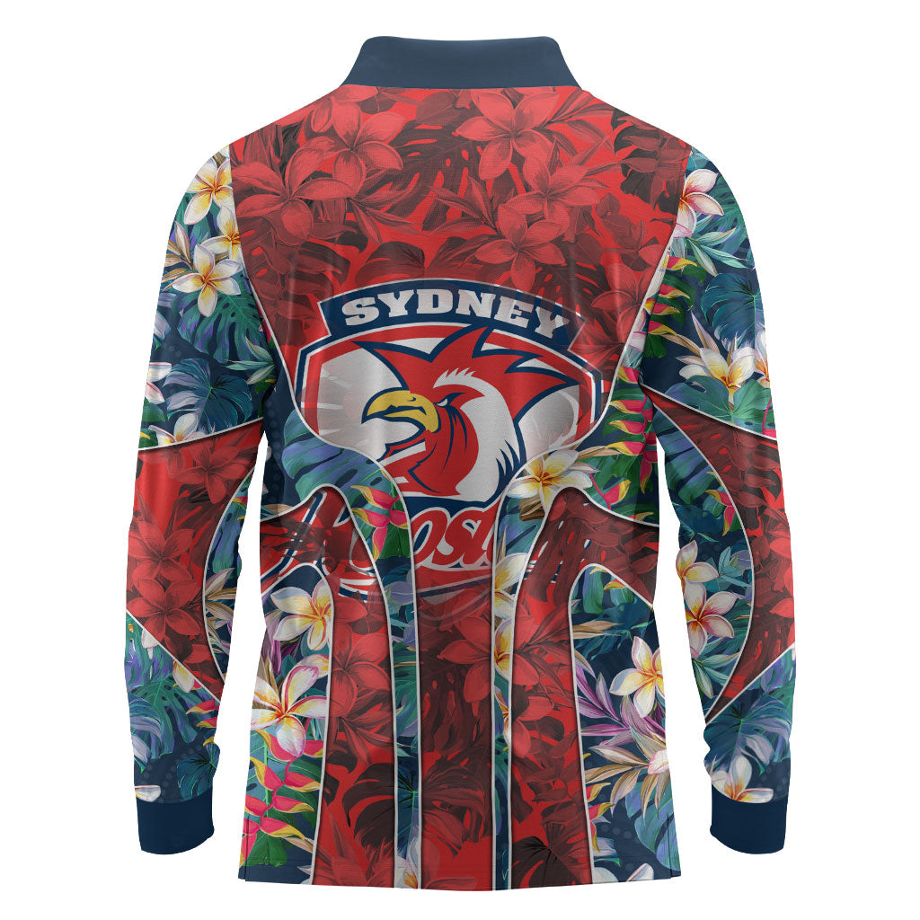 Sydney Roosters Long Sleeve Polo Shirt Tropical Hibiscus Floral Pattern With Red And Blue Accents