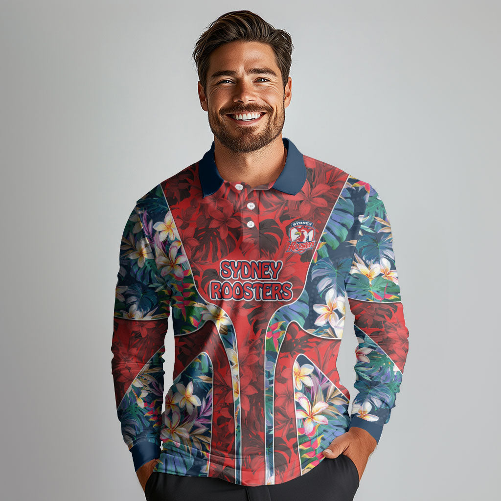 Sydney Roosters Long Sleeve Polo Shirt Tropical Hibiscus Floral Pattern With Red And Blue Accents