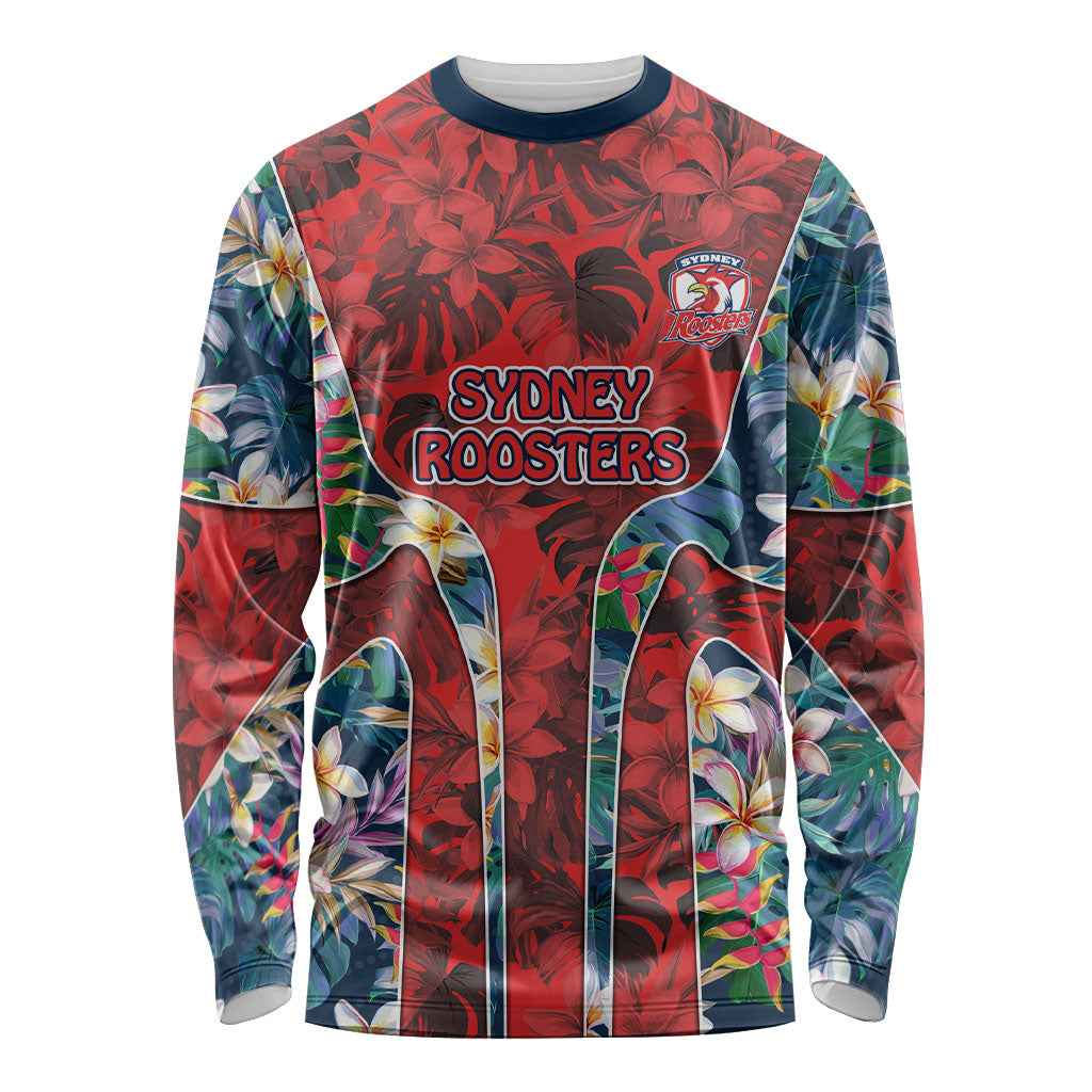 Sydney Roosters Long Sleeve Shirt Tropical Hibiscus Floral Pattern With Red And Blue Accents