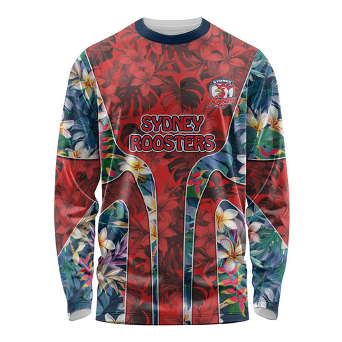 Sydney Roosters Long Sleeve Shirt Tropical Hibiscus Floral Pattern With Red And Blue Accents
