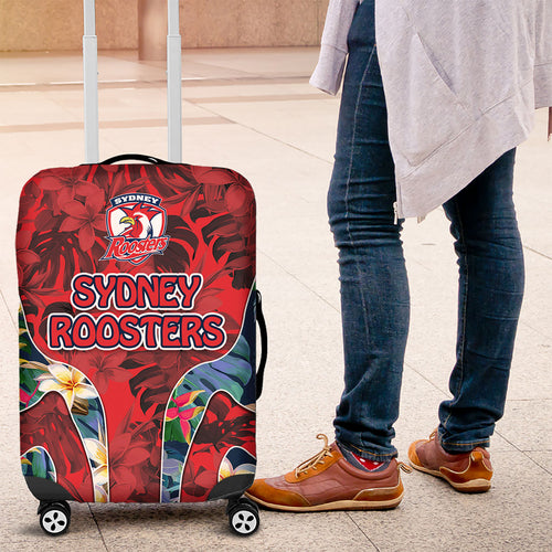 Sydney Roosters Luggage Cover Tropical Hibiscus Floral Pattern With Red And Blue Accents