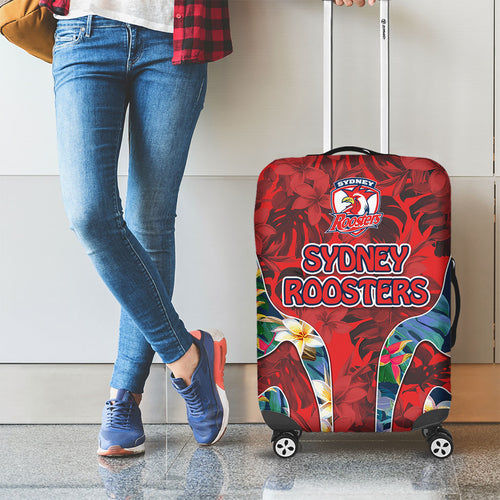 Sydney Roosters Luggage Cover Tropical Hibiscus Floral Pattern With Red And Blue Accents