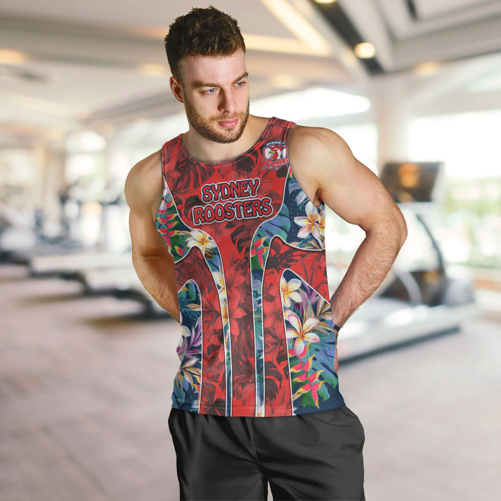 Sydney Roosters Men Tank Top Tropical Hibiscus Floral Pattern With Red And Blue Accents