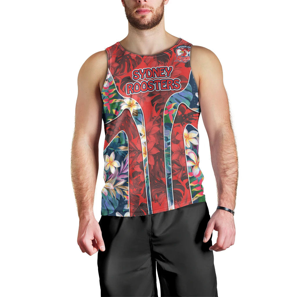 Sydney Roosters Men Tank Top Tropical Hibiscus Floral Pattern With Red And Blue Accents