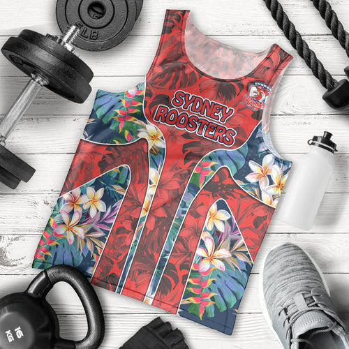 Sydney Roosters Men Tank Top Tropical Hibiscus Floral Pattern With Red And Blue Accents