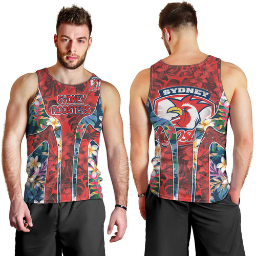 Sydney Roosters Men Tank Top Tropical Hibiscus Floral Pattern With Red And Blue Accents