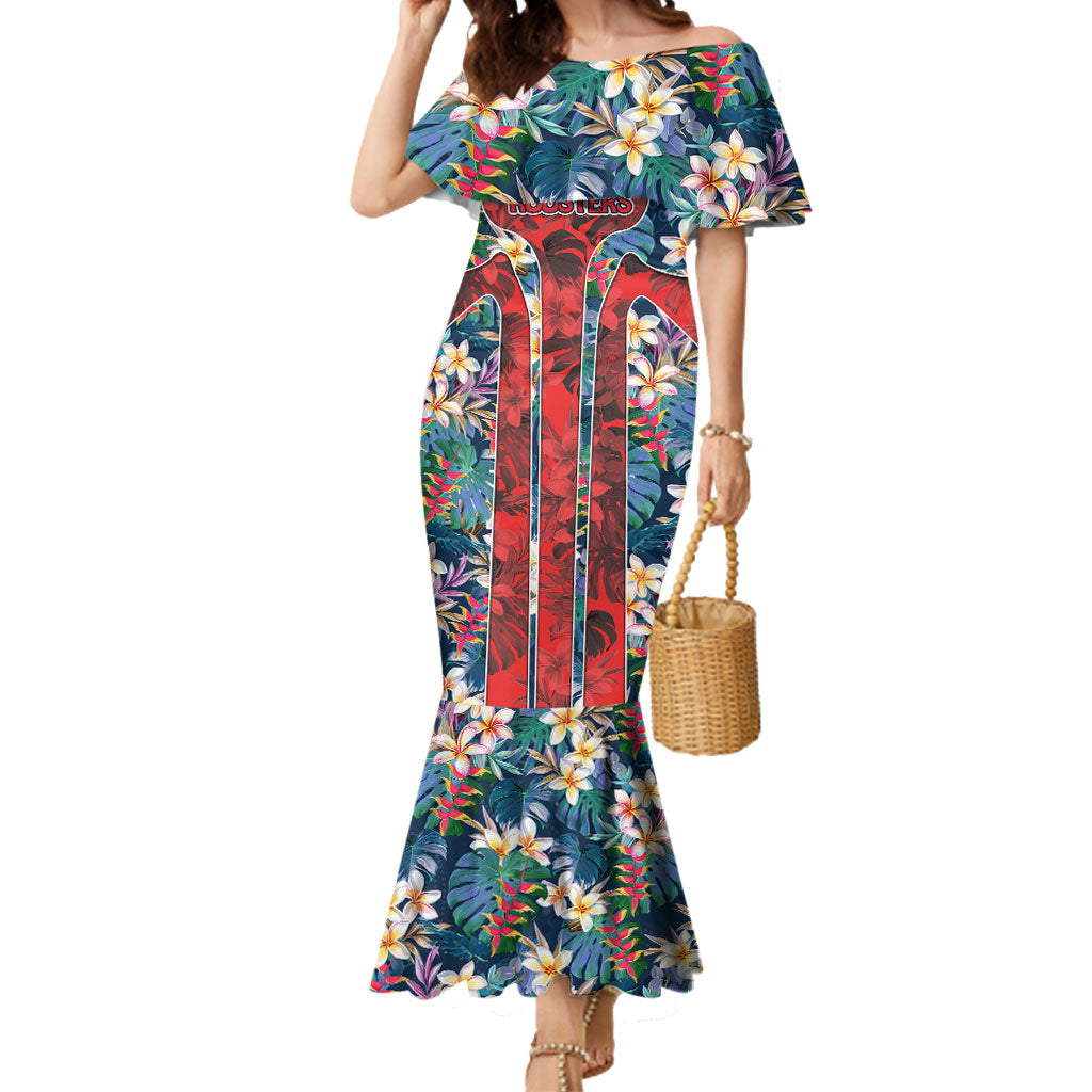Sydney Roosters Mermaid Dress Tropical Hibiscus Floral Pattern With Red And Blue Accents