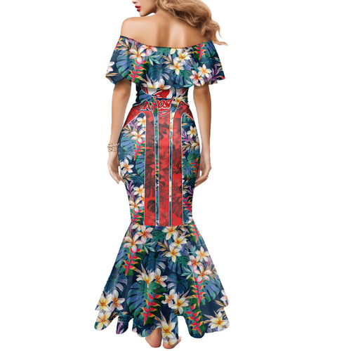 Sydney Roosters Mermaid Dress Tropical Hibiscus Floral Pattern With Red And Blue Accents