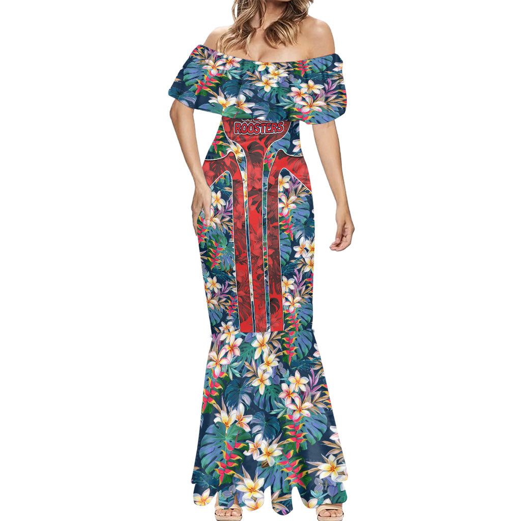 Sydney Roosters Mermaid Dress Tropical Hibiscus Floral Pattern With Red And Blue Accents