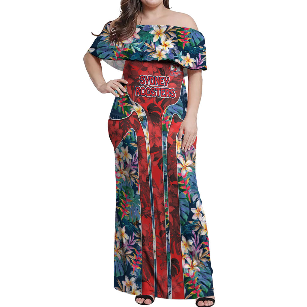 Sydney Roosters Off Shoulder Maxi Dress Tropical Hibiscus Floral Pattern With Red And Blue Accents