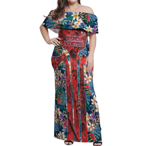 Sydney Roosters Off Shoulder Maxi Dress Tropical Hibiscus Floral Pattern With Red And Blue Accents