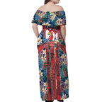 Sydney Roosters Off Shoulder Maxi Dress Tropical Hibiscus Floral Pattern With Red And Blue Accents