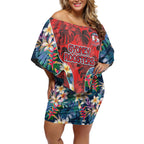 Sydney Roosters Off Shoulder Short Dress Tropical Hibiscus Floral Pattern With Red And Blue Accents