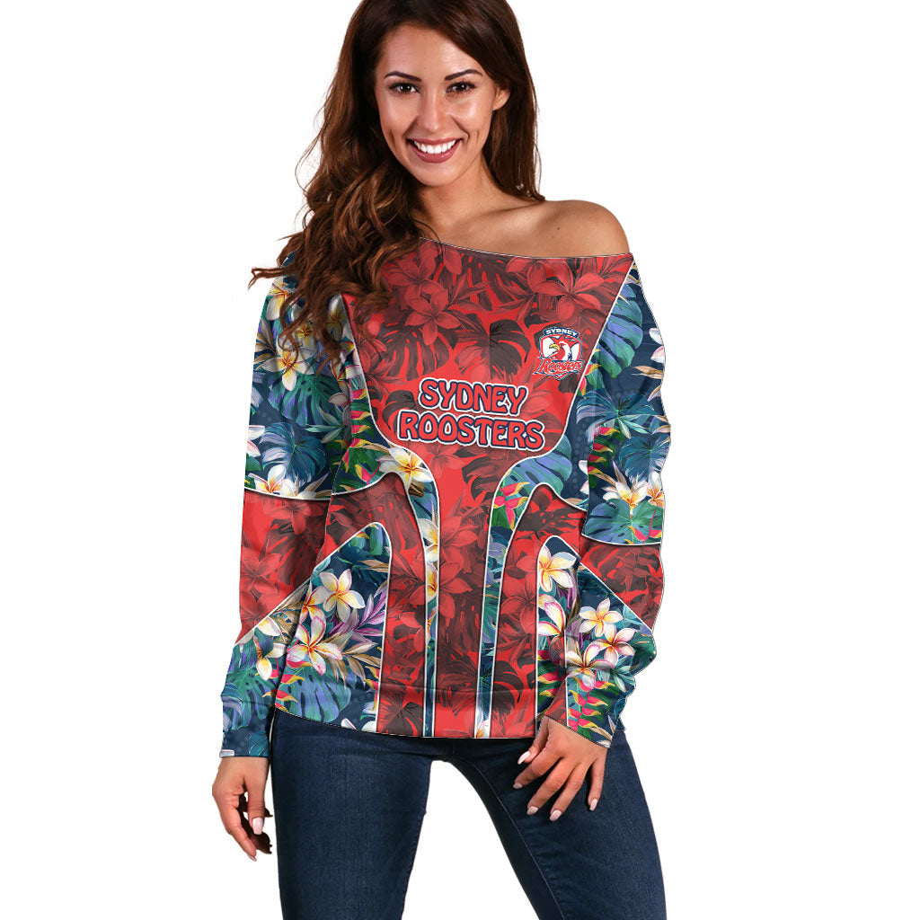 Sydney Roosters Off Shoulder Sweater Tropical Hibiscus Floral Pattern With Red And Blue Accents