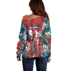 Sydney Roosters Off Shoulder Sweater Tropical Hibiscus Floral Pattern With Red And Blue Accents