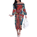 Sydney Roosters Off The Shoulder Long Sleeve Dress Tropical Hibiscus Floral Pattern With Red And Blue Accents