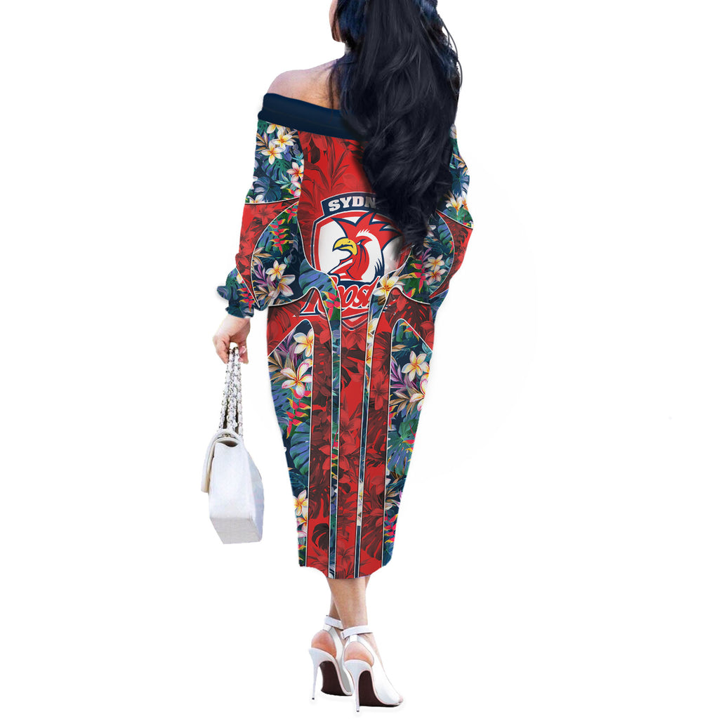 Sydney Roosters Off The Shoulder Long Sleeve Dress Tropical Hibiscus Floral Pattern With Red And Blue Accents